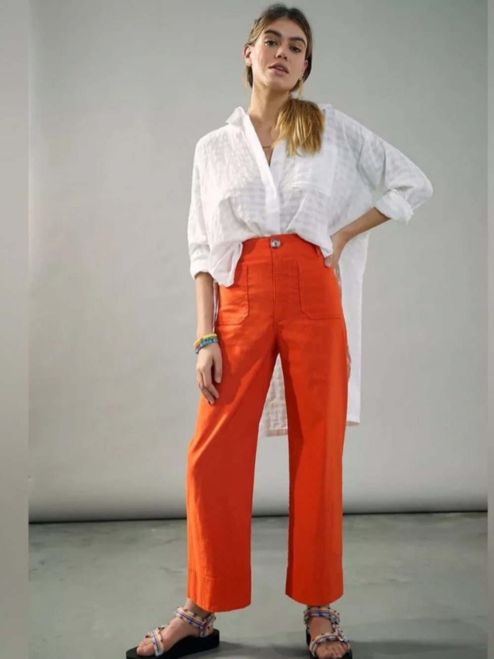 Anthropologie Maeve Colette Orange Linen Blend Wide Leg Cropped Pants